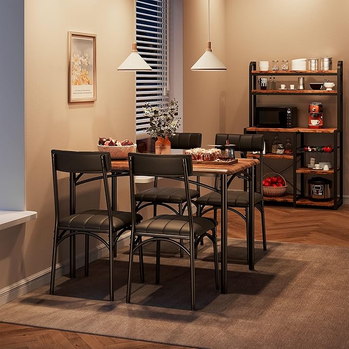 GAOMON Kitchen Table and Upholstered Chairs for 4, Dining Table Set for 4, 5 Piece Dining Room Table Set, Rectangular Kitchen Table Set for Small Space, Apartment, Home, Retro Brown - LeafyLoom