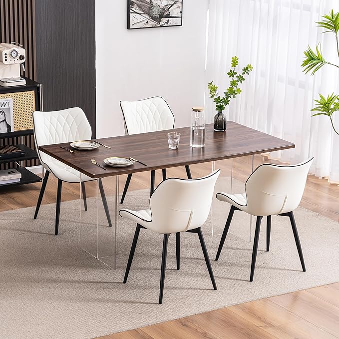 YOUNIKE Dining Chairs Set of 2, Upholstered Faux Leather Dining Room Chairs, Modern Living Room Bedroom Side Chairs with Wide Curved Back and Adjustable Metal Legs, Kitchen Chairs White - LeafyLoom