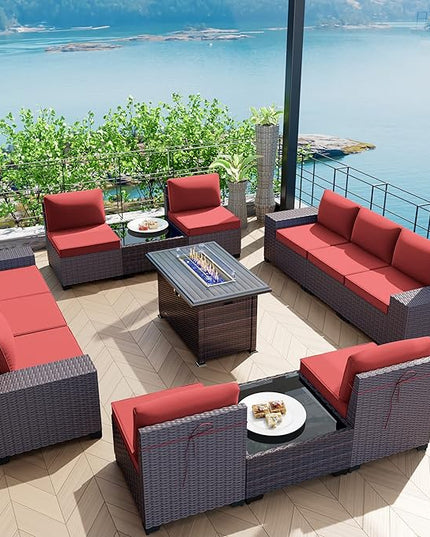Kullavik 13 Pieces Outdoor Patio Furniture Set with 43" 55000BTU Gas Propane Fire Pit Table PE Wicker Rattan Sectional Sofa Patio Conversation Sets,Red - LeafyLoom