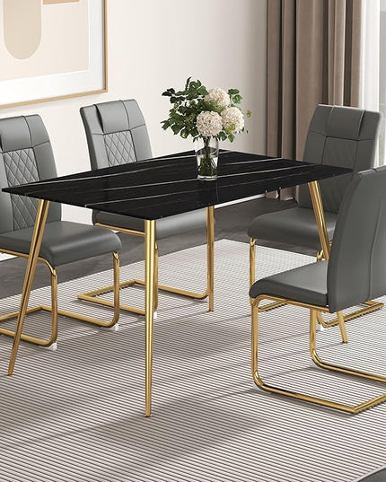 NicBex Modern Minimalist Rectangular Black Imitation Marble Dining Table 0.3 Inches Thick Gold Color Metal Legs Suitable for Kitchen, Dining Room, and Living Room, Black - LeafyLoom