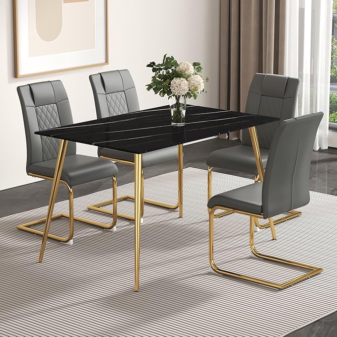 NicBex Modern Minimalist Rectangular Black Imitation Marble Dining Table 0.3 Inches Thick Gold Color Metal Legs Suitable for Kitchen, Dining Room, and Living Room, Black - LeafyLoom