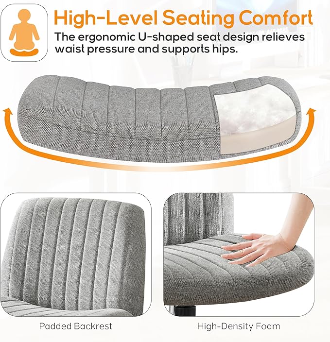 Criss Cross Chair, Cross Legged Office Chair, Wide Comfty Desk Chair, No Wheels Armless Computer Task Chair, Swivel Vanity Home Chair, Height Adjustable - LeafyLoom