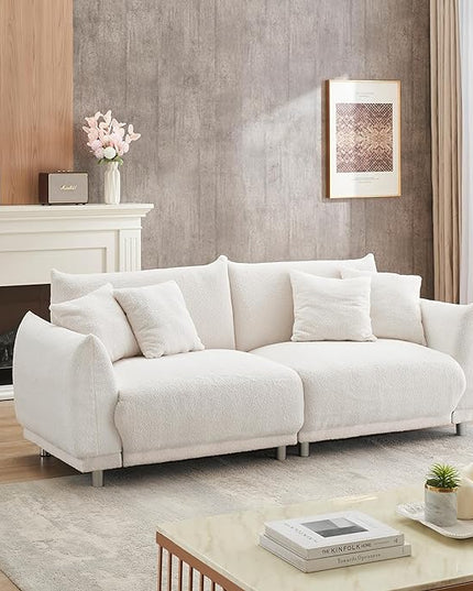 Modular Teddy Fleece Cloud 3 Seater Sofa Deep Seat Upholstered W/Metal Legs, Comfy Leisure Couch Beautiful Shape Bread Sofa&Couch with 4 Pillows for Living Room, 86.6", Beige-1658 - LeafyLoom
