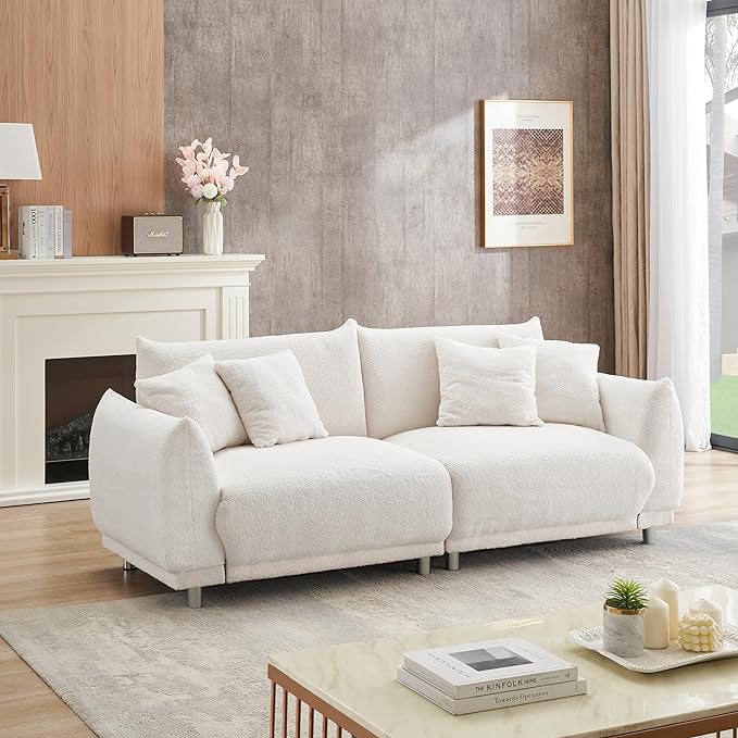 Modular Teddy Fleece Cloud 3 Seater Sofa Deep Seat Upholstered W/Metal Legs, Comfy Leisure Couch Beautiful Shape Bread Sofa&Couch with 4 Pillows for Living Room, 86.6", Beige-1658 - LeafyLoom