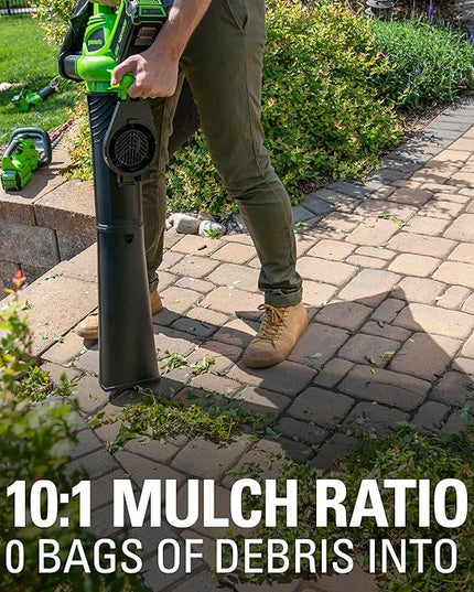 Greenworks 40V (185 MPH / 340 CFM / 75+ Compatible Tools) Cordless Brushless Leaf Blower / Vacuum, 4.0Ah Battery and Charger Included - LeafyLoom