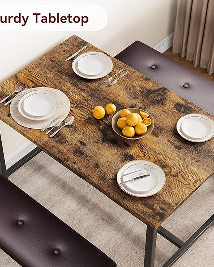 GAOMON Dining Table Set for 4, Kitchen Table with Benches, Rectangular Dining Room Table Set with 2 Upholstered Benches, 3 Piece Kitchen Table Set for Small Space, Apartment, Studio, Retro Brown - LeafyLoom