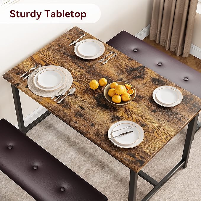 GAOMON Dining Table Set for 4, Kitchen Table with Benches, Rectangular Dining Room Table Set with 2 Upholstered Benches, 3 Piece Kitchen Table Set for Small Space, Apartment, Studio, Retro Brown - LeafyLoom