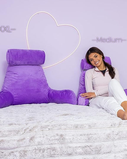 XXL Husband Pillow Light Purple Backrest with Arms - Adult Reading Pillow Shredded Memory Foam, Ultra-Comfy Removable Microplush Cover & Detachable Neck Roll, Unmatched Support Sit Up Bed Chair Pillow - LeafyLoom