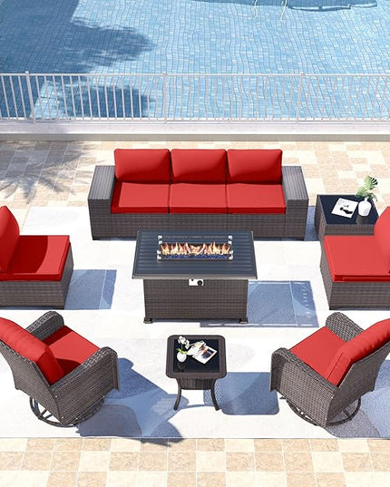 Kullavik 10PCS Outdoor Patio Furniture Set,PE Wicker Rattan Sectional Sofa Patio Conversation Sets with 43" 55000BTU Gas Propane Fire Pit Table,Swivel Rocking Chairs Set,Red - LeafyLoom