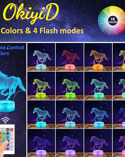 Horse Gifts for Girls, 3D Illusion Lamp, 3D Horse Night Light with 16 Colors Remote and Touch Control, Horses Decor for Kids Room, Girls Birthday Gifts - LeafyLoom