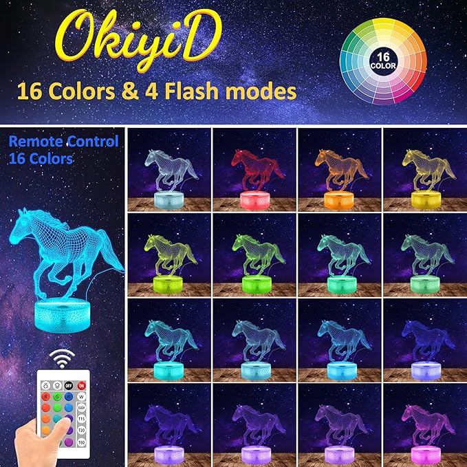 Horse Gifts for Girls, 3D Illusion Lamp, 3D Horse Night Light with 16 Colors Remote and Touch Control, Horses Decor for Kids Room, Girls Birthday Gifts - LeafyLoom