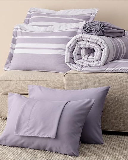 Bedsure Bed in a Bag Full Size 7 Pieces, Purple White Striped Bedding Comforter Sets All Season Bed Set, 2 Pillow Shams, Flat Sheet, Fitted Sheet and 2 Pillowcases - LeafyLoom