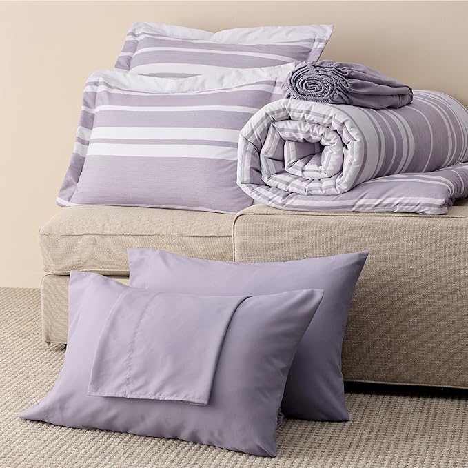 Bedsure Bed in a Bag Queen Size 7 Pieces, Purple White Striped Bedding Comforter Sets All Season Bed Set, 2 Pillow Shams, Flat Sheet, Fitted Sheet and 2 Pillowcases - LeafyLoom