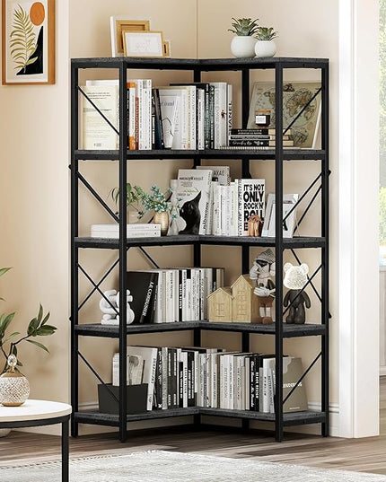 YITAHOME Corner Bookshelf, Industrial Corner Shelf 5 Tier Bookcase, Large Display Rack Storage for Bedroom, Living Room, Home Office,Charcoal Gray + Black - LeafyLoom