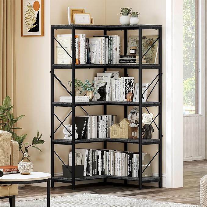 YITAHOME Corner Bookshelf, Industrial Corner Shelf 5 Tier Bookcase, Large Display Rack Storage for Bedroom, Living Room, Home Office,Charcoal Gray + Black - LeafyLoom