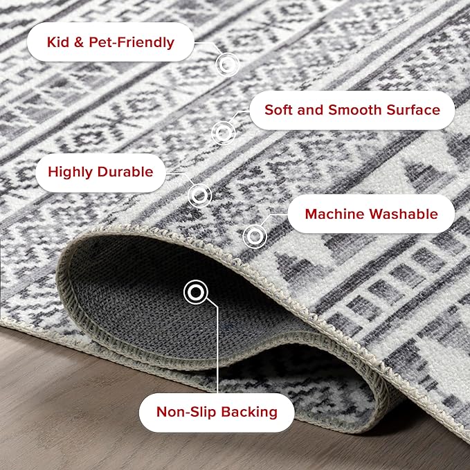 nuLOOM Kira Machine Washable Tribal Geometric Ultra Thin Area Rug, 5x8, Grey - LeafyLoom