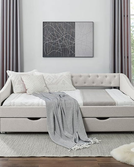 Full Size Upholstered Daybed with Two Storage Trundle Drawers, Solid Wooden Bed Frame w/Button Tufted Backrest, No Box Spring Needed, for Kids, Bedroom, Dorm, Beige-3 - LeafyLoom