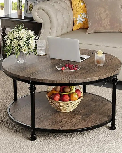 GAOMON Round Coffee Table Living Room 34.25in Rustic Circle Center Table with Storage Shelf 2-Tier Modern Wood Coffee Table Metal Frame, Easy Assembly(Light Walnut) - LeafyLoom