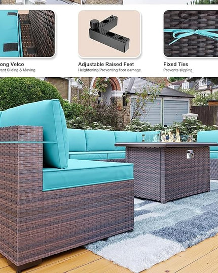 Kullavik 13PCS Outdoor Patio Furniture Set with 43" 55000BTU Gas Propane Fire Pit Table PE Wicker Rattan Sectional Sofa Patio Conversation Sets,Blue - LeafyLoom