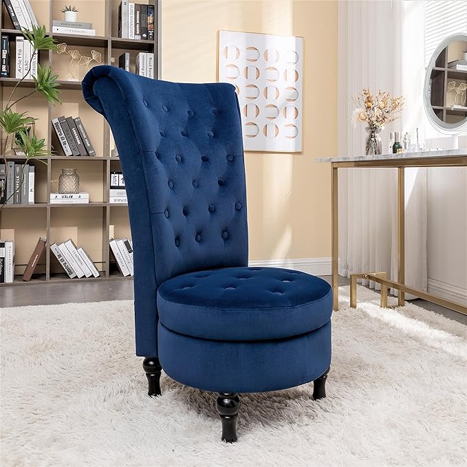 Royal High-Back Velvet Accent Chair for Vanity with Storage and Luxurious Upholstery, Retro Design and Versatile Usage for Living Room, Bedroom, Lounge and Office, Dark Blue - LeafyLoom