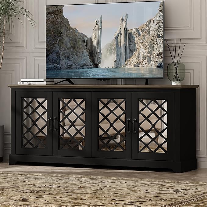 Galano Millicent TV Stand for up to 75 Inch TV, Farmhouse Entertainment Center with Mirror Doors & Storage Shelves, Rustic Media Console Cabinet for Living Room, Black Knotty Grey Oak - LeafyLoom