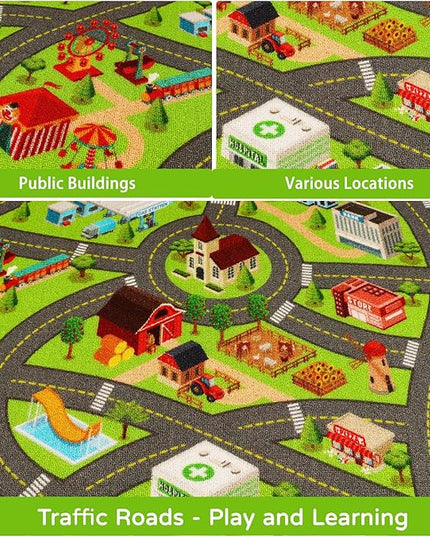 Kids Rugs Traffic Road Carpet for Car City Map Play Rug 3.3'×5' for Playroom Educational Mat Area Rug, Kid Playtime Collection Toddler Car Track Rug Cute Cartoon (City Road A, 39.4×59 in) - LeafyLoom
