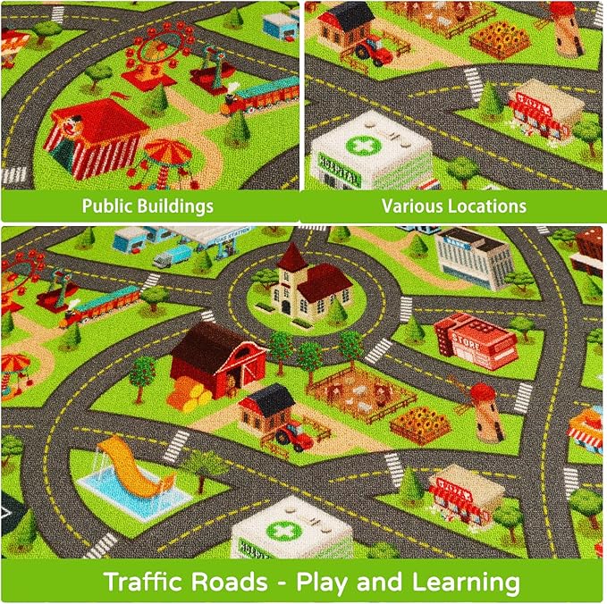 Kids Rugs Traffic Road Carpet for Car City Map Play Rug 3.3'×5' for Playroom Educational Mat Area Rug, Kid Playtime Collection Toddler Car Track Rug Cute Cartoon (City Road A, 39.4×59 in) - LeafyLoom