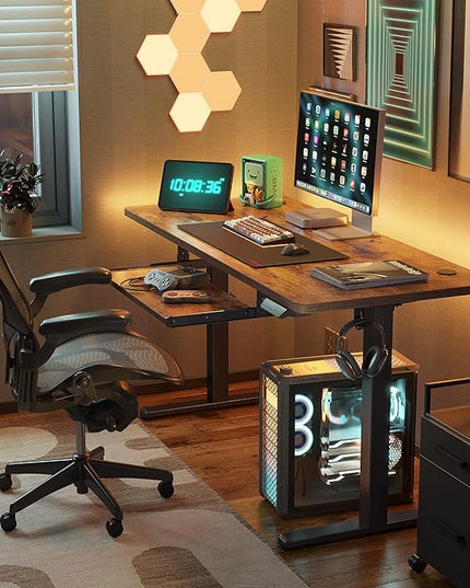 BANTI 48" x 24" Height Adjustable Electric Standing Desk with Keyboard Tray, Sit Stand up Desk with Splice Board, Black Frame/Rustic Brown Top - LeafyLoom
