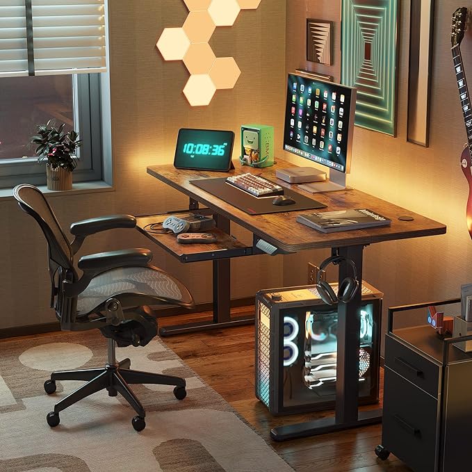 BANTI 48" x 24" Height Adjustable Electric Standing Desk with Keyboard Tray, Sit Stand up Desk with Splice Board, Black Frame/Rustic Brown Top - LeafyLoom