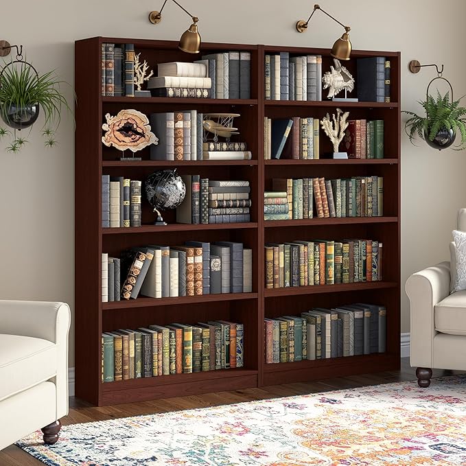 Bush Furniture Universal Tall 5 Shelf Bookcase in Vogue Cherry, Vertical Storage and Display Bookshelf for Home Office or Living Room Organization - LeafyLoom