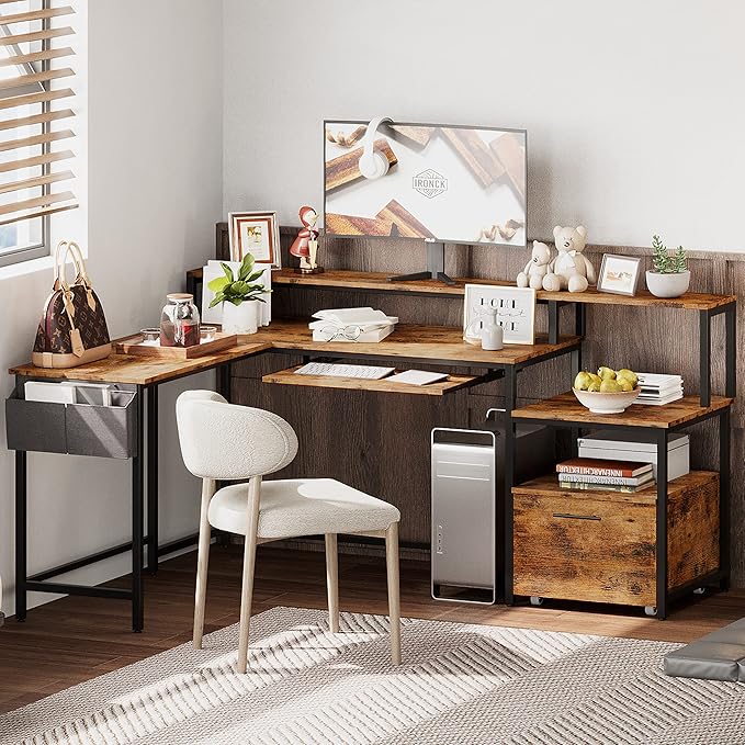 IRONCK L Shaped Computer Desk, 66" Corner Desk with Power Outlet, File Drawer, Keyboard Tray, Riser Monitor Shelf and Storage Bag, Study Writing Table Workstation for Home Office, Vintage Brown - LeafyLoom