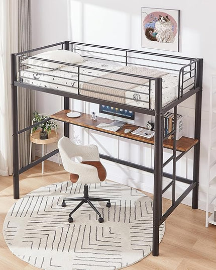 VECELO Metal Loft Bed Twin Size with Desk, Heavy Duty Bedframe with Removable Ladder and Safety Guardrail, Space-Saving, Noise Free, No Box Spring Needed, Black - LeafyLoom