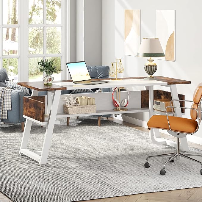 Tribesigns Office Executive Desk, 63 inch Large Computer Desk Writing Desk with Storage Shelf, Modern Simple Workstation Business Furniture for Home Office, White Rustic Brown - LeafyLoom