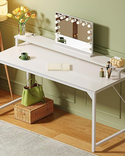 SUPERJARE 55 inch Computer Desk with LED Lights & Power Outlets, Gaming Desk with Monitor Shelf, Small Office Desk for Home & Office, White - LeafyLoom
