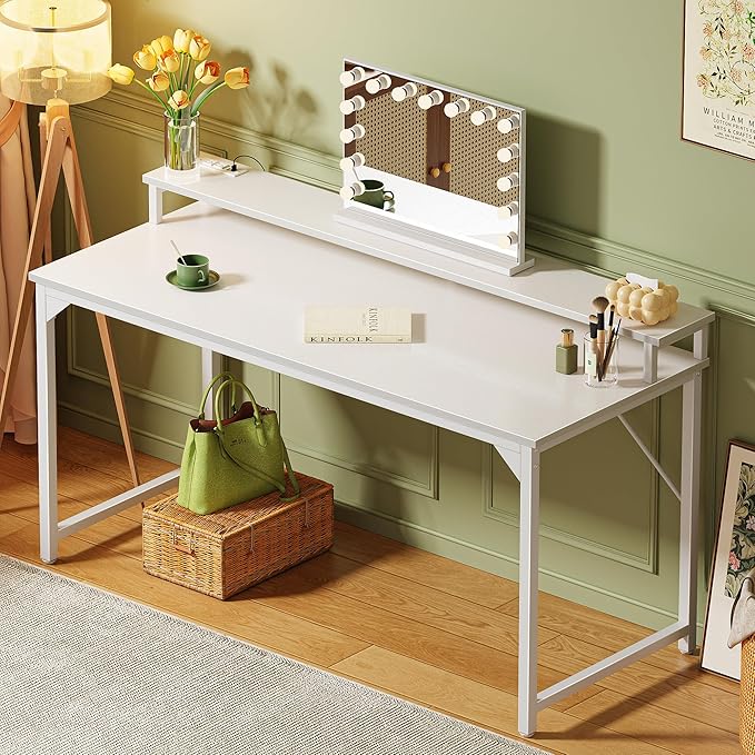 SUPERJARE 55 inch Computer Desk with LED Lights & Power Outlets, Gaming Desk with Monitor Shelf, Small Office Desk for Home & Office, White - LeafyLoom