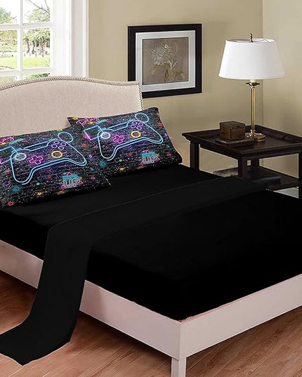 NINENINE Gaming Bedding Sets for Boys 5PCS Queen Size Comforter Gamer Contoller Video Bed in A Bag Kids Teens Black Bedding Comforter Sheet Set(1Comforter, 1Flat Sheet, 1Fitted Sheet, 2Pillowcases) - LeafyLoom