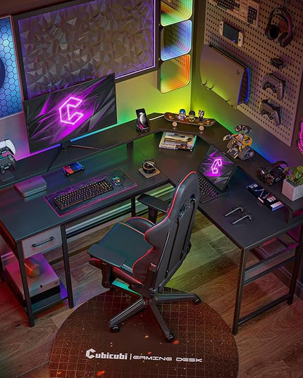 CubiCubi L Shaped Gaming Desk with LED Lights and Power Outlets, 58" Reversible Corner Computer Desk with Storage Shelves and Drawer, Home Office Desk with Monitor Stand, Black - LeafyLoom