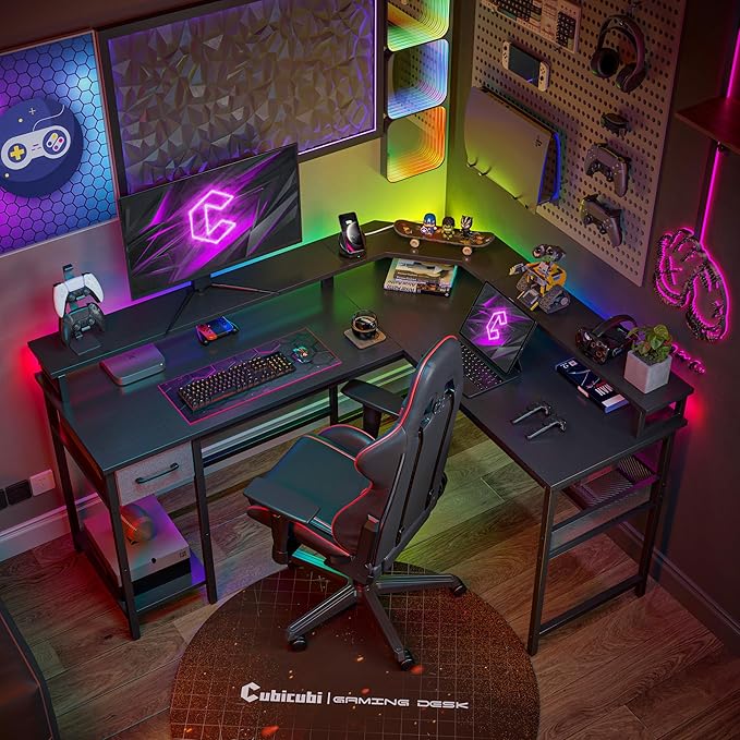 CubiCubi L Shaped Gaming Desk with LED Lights and Power Outlets, 58" Reversible Corner Computer Desk with Storage Shelves and Drawer, Home Office Desk with Monitor Stand, Black - LeafyLoom