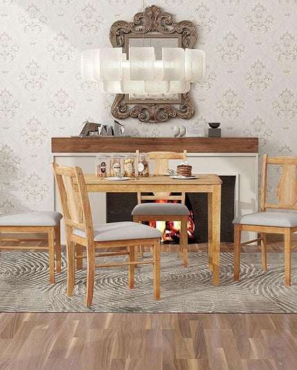 Minimalist Style, Wooden Rectangular 4 Upholstered Chairs and 1, Easy to Assembly, Room, Kitchen, Natural Wood, 5 Piece Dining Table Set - LeafyLoom