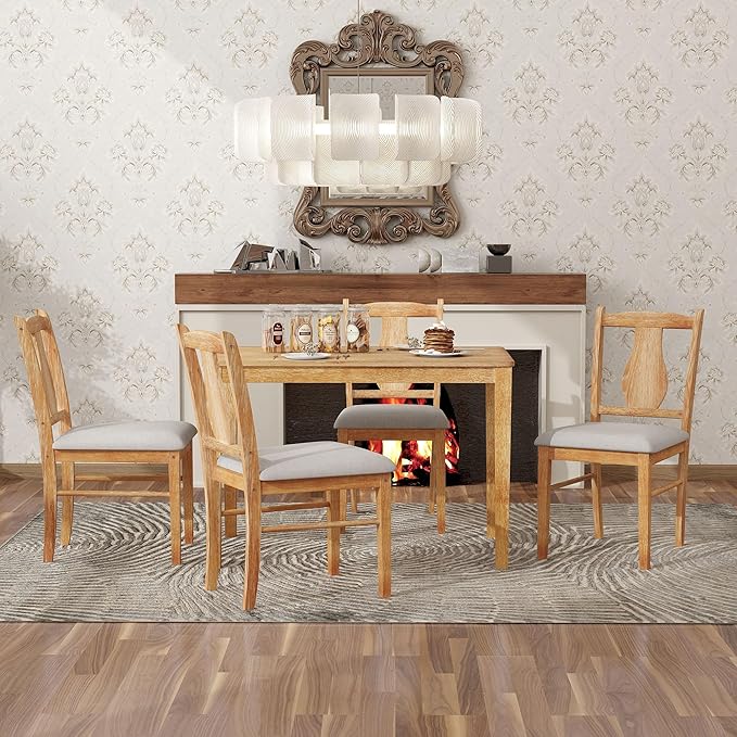 Minimalist Style, Wooden Rectangular 4 Upholstered Chairs and 1, Easy to Assembly, Room, Kitchen, Natural Wood, 5 Piece Dining Table Set - LeafyLoom