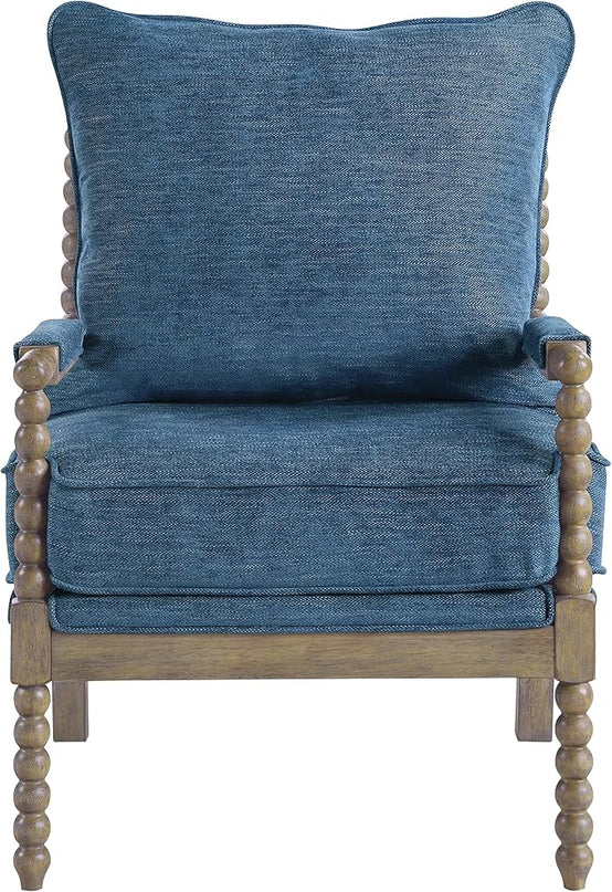 OSP Home Furnishings Fletcher Spindle Accent Chair with Rustic Brown Finish, Navy Blue Upholstery - LeafyLoom