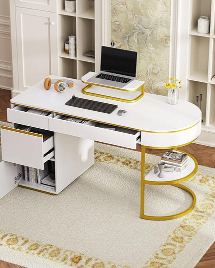 NicBex Laik-DW-00036-DX Desks, 60" W x 26.1" D x 31.9" H, Gold+White - LeafyLoom