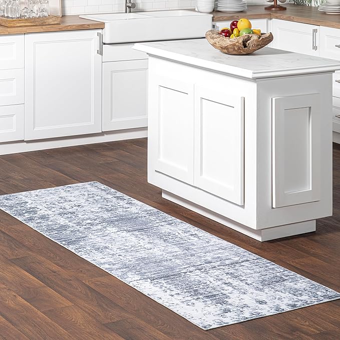 nuLOOM Alva Faded Abstract Machine Washable Ultra Thin Runner Rug, 2' 6" x 8', Light Grey - LeafyLoom