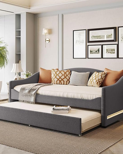 RITSU Twin Size Teddy Fleece Upholstered Daybed with Light and Trundle, Smarter LED Sofa Bed Frame, No Spring Box Needed, Modern Design, Weight Capacity 500 LBS, for Bedroom, Living Room, Gray - LeafyLoom