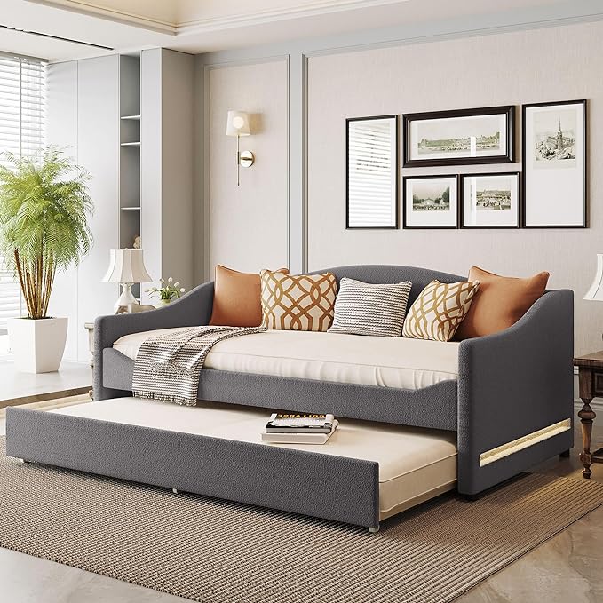 RITSU Twin Size Teddy Fleece Upholstered Daybed with Light and Trundle, Smarter LED Sofa Bed Frame, No Spring Box Needed, Modern Design, Weight Capacity 500 LBS, for Bedroom, Living Room, Gray - LeafyLoom