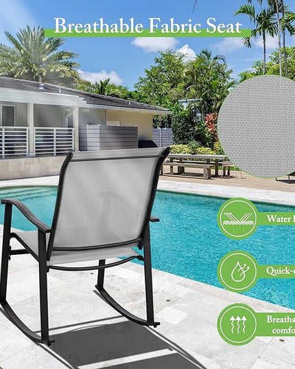 Shintenchi 3 Piece Rocking Bistro Set, Outdoor Furniture with Rocker Chairs and Glass coffee table set of 3, Balcony, Porch Furniture for Small Space, Light Gray - LeafyLoom