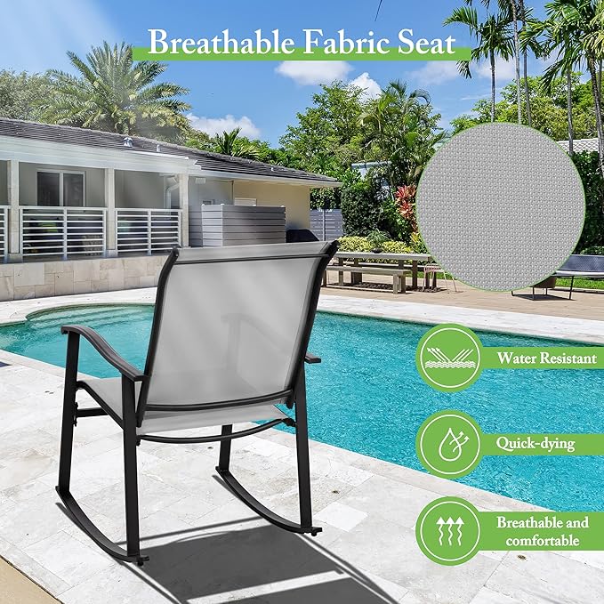 Shintenchi 3 Piece Rocking Bistro Set, Outdoor Furniture with Rocker Chairs and Glass coffee table set of 3, Balcony, Porch Furniture for Small Space, Light Gray - LeafyLoom