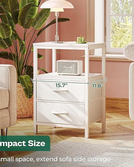 Nightstands Set of 2, End Tables with Charging Station, Side Tables with Fabric Drawers, Bedside Tables with USB Ports and Outlets, Night Stands for Bedroom, White - LeafyLoom