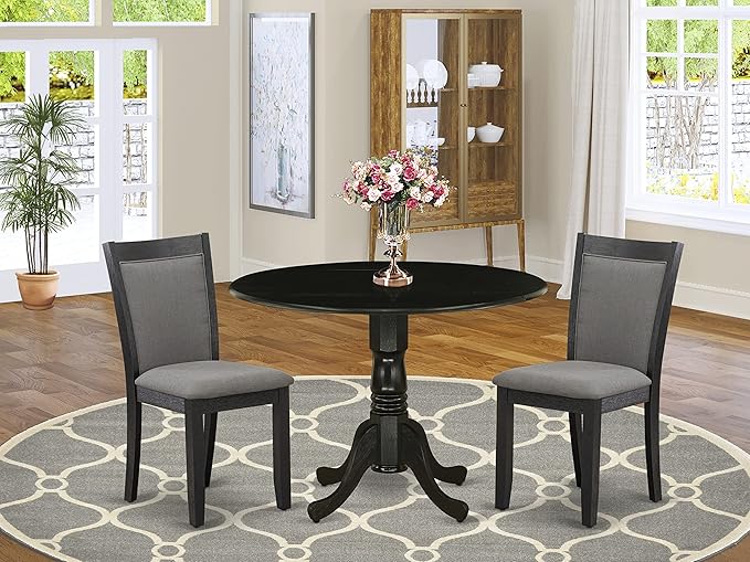 East West Furniture Dublin 3 Piece Set Contains a Round Dining Room Table with Dropleaf and 2 Dark Gotham Grey Linen Fabric Upholstered Chairs, 42x42 Inch, Wirebrushed Black - LeafyLoom