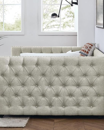 Full Size Upholstered Daybed, Pull Out with Two Storage Drawers, Solid Wood Frame Bed, Tufted Buttons and Copper Nails On Square Arms, for Bedrooms,Apartments - LeafyLoom